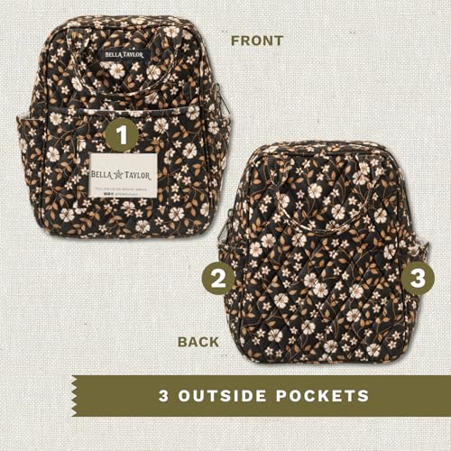Bella Taylor Lunch Tote, Quilted Lunch Bag, Vintage Vine Black | Lightweight quilted cotton lunch box, easy-to-clean PEVA lining, 3 outside/1 inside pocket, durable construction - color: Vintage Vine Midnight