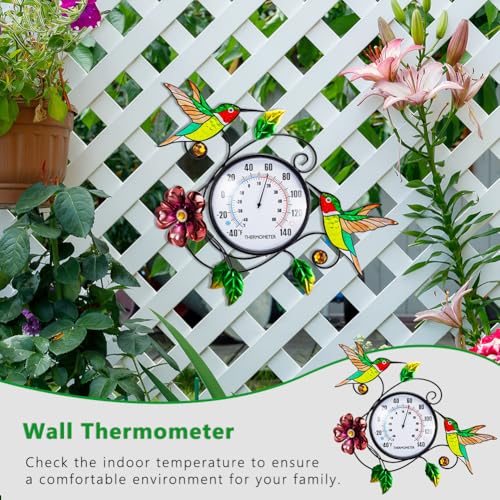 Hummingbird Outdoor Thermometer No Need Battery | 15" Indoor Wall Thermometers, Decorative Metal Thermometerfor for Garden Patio Home Room - color: Hummingbird & Flower