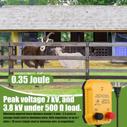 Electric Fence Kit, 0.15j Charger 3366ft Wire 60 Insulators | 5 Mile 110V Plug in Electric Fence, Polywire for Livestock Horse Cattle Poultry, T Post Screw Insulators, Farm Pasture - size: 3366FT, style: 0.15J