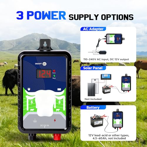 12KV DC AC Powered Electric Fence Charger, 15 Miles 4 Joules Pulse | Waterproof EF-03 Fence Kit for Livestock & Farm, Includes Warning Signs, LED Indicator, for Animals Poultry Ranches Gardens - color: Blue