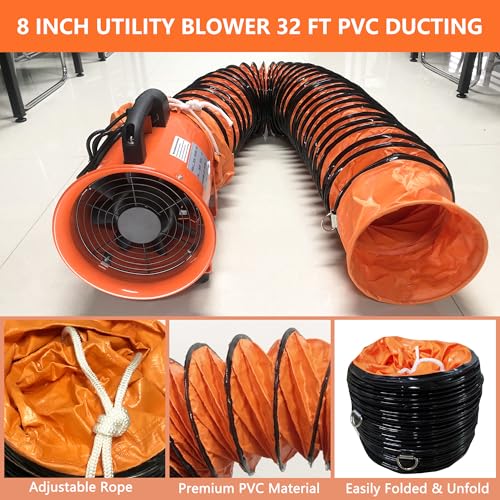 Utility Blower Fan 8 Inch Portable Axial Exhaust Fan 230W/2A 900CFM High Velocity Ventilator with 32FT Duct Hose for Exhausting & Ventilating at Home and Job Site - size: 8 Inch