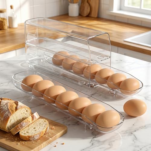theaoo Auto Rolling Egg Dispenser for Refrigerator with Quick Removable Inner Tray, Space-Saving Egg Organizer and Holder, Egg Storage Container for Fridge, Easy to Load and Grab Eggs (1 Pack)