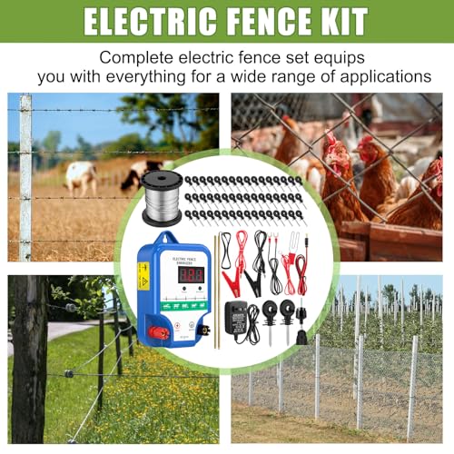 Electric Fence Kit, 8 Mile 12kV 2J Electric Fence Charger AC/DC Powered with 50 Insulators, Socket Tool, 250ft Aluminum Wire for Livestock Control(LCD Display Ver.,Blue) - style: LCD Display Ver