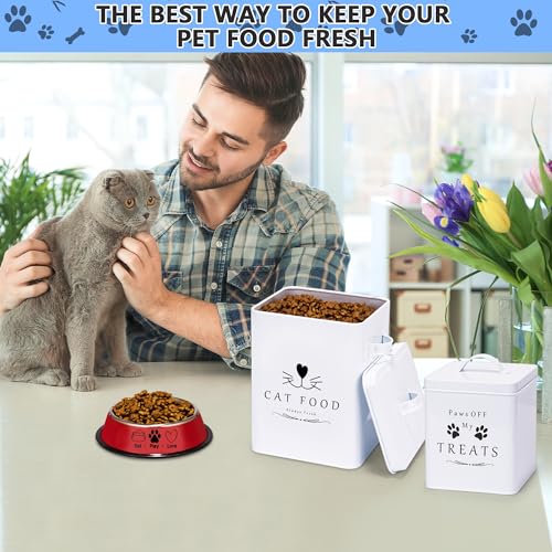 Meraki Home Farmhouse Cat Food and Treats Containers + Feed Scoop + Pet Food Bowl - Tight Lids - Large Metal Storage Bin - Great Gift for Cute Pets (Glossy White) - color: Glossy White