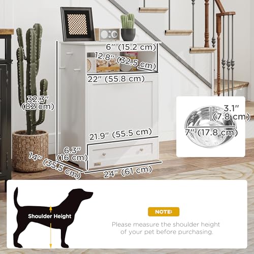 PawHut Dog Feeding Station with Raised Bowls, Pet Feeder Station, White | Dog Food Storage Cabinet, Hanger for Feeding & Watering Supplies - color: White