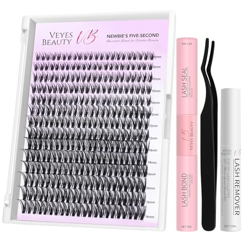 VEYESBEAUTY Ribbon Lash Clusters Kit Newbie's Five-Second Series Eyelash | Individual Eyelash Extensions Kit Thin & Invisible Band DIY Volume Eyelashes Kit Wispy Lash With Bond&Seal Remover Applicator - size: 8-16 mm