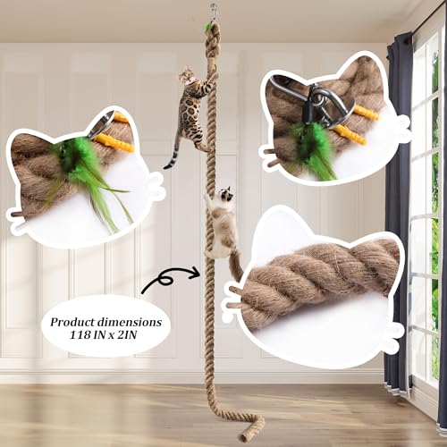2" x 9.84Ft Cat Climbing Rope with Hook for Ceiling & Wall Mounted | Natural Sisal Rope for Cat Scratcher with Feather Toy for Indoor/Outdoor Cats, Durable Cat Tree Replacement Rope