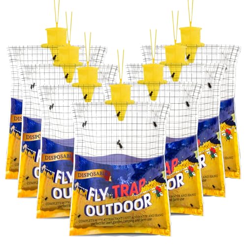 8 Big Fly Bags Outdoor Traps Hanging for Patio - Pre-Baited, Disposable | Fly Catcher Killer Repellent with 8*50g Bait for Outside in Chicken Coop, Horse Barns | Easy to use | Durable | Effective - size: 8 Pack