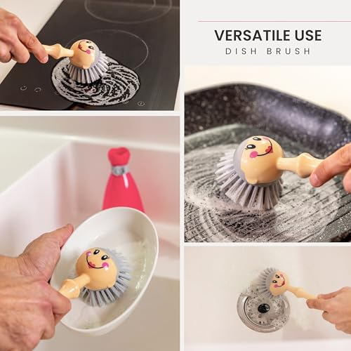 Vigar Dolls Dish Brush with Handle and Holder - Dish Scrubber Brush for Dishes and Pans, Kitchen Scrub Brush, Dishwashing Brush for Kitchen Sink Cleaning, Cute Standing Dish Brush Design - Pink, Gray - color: Pink, Gray