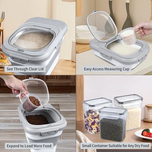 Rice Storage Container, Collapsible Airtight Food Storage Containers 6-20 Lbs, Rice Dispenser with Measuring Cup and Small Bin for Flour Cereal Pasta Grain, Cat Pet Dog Bird Food Container - color: Gray