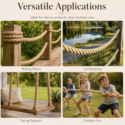 Twisted Manila Rope (1-1/4 Inch x 100 Feet) Natural Hemp Jute Rope for Docks, Nautical, Railings, Swing, Decorating - size: 1.25 in x 100 ft