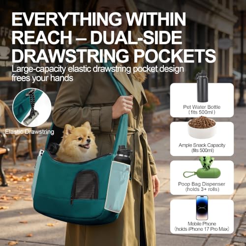 Dog Carrier Sling for Small Dogs & Cats Hand-Free Puppy Sling Purses with Storage Bag and Adjustable Shoulder Strap, Pet Sling Carrier Up to 8.8 Lbs (Blue) | Padded adjustable strap, safety tether, breathable mesh openings and two expandable pockets add c