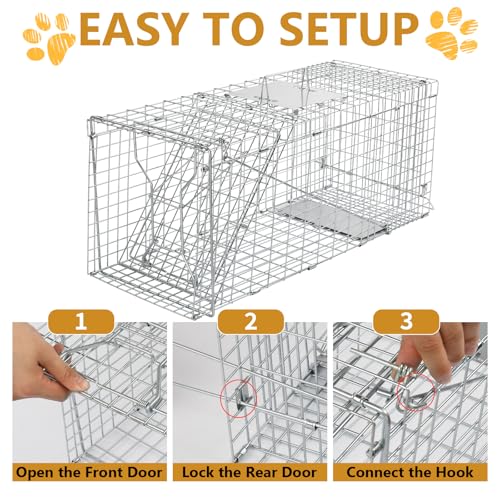 Outvita Live Animal Cage Trap, 32" Heavy Duty Folding Steel Cage | Catch Release Humane Rodent Cage for Rabbits Stray Cat Squirrel Raccoon Mole Gopher Chicken Opossum Skunk & Chipmunks