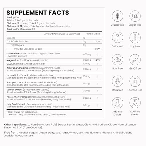 L-Theanine 400mg Gummies, L Theanine Supplement for Kids & Adults with Magnesium Glycinate, GABA, Ashwagandha, L'theanine Chewable for Restful Sleep, Stress Support, Relaxation, Calm, 60 Day Supply