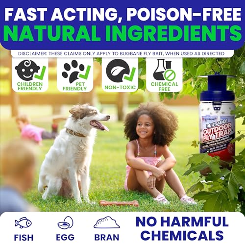 3 Fly Traps Outdoor Fly Trap for Patio with 6 Non-Toxic Dissolvable Bait Refills. Reusable Hanging Bug Catcher Killer for All Filth Flies for Outside Bug Control Yard Ranch. Hanging Chains Included. - style: 3pack
