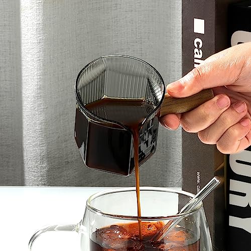 Joeyan 4 oz Grey Double Spouts Measuring Triple Pitcher Milk Cup with Wood Handle,Ribbed High Borosilicate Glass Measuring Cup, Espresso Shot Glasses - color: 4 Oz Double Spouts Smoke Grey Colored Measuring