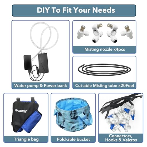 HAOWIN Portable Misting System with Rechargeable Water Pump, Foldable Bucket & Triangle Bag, DIY Mobile Misters for Outside Patio, Tent, Canopy, Golf Cart, Boat, Bike, Motorcycle, Camping, Hiking - color: Black