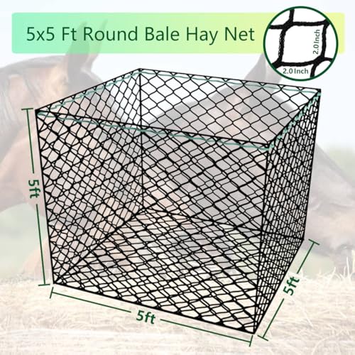 5x5 ft Round Bale Hay Net – Slow Feeder for Horses & Livestock, Extra Dense 2" Knotless Holes, Durable & Healthy Feeding Solution - size: 5 x 5 ft