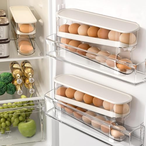 2pcs Auto Rolling Egg Holder for Fridge, Egg Dispenser/Organizer/Storage/Container with Lid for Refrigerator, Sturdy and Durable Space-Saving Egg Tray for 12 Large Eggs - size: 2pcs