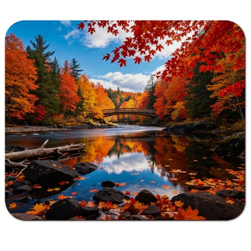 Autumn Forest River with Bridge Mouse Pad 9.5" x 7.9", Red Yellow Fall Maple Leaves Cute Desk Mat, Scenic Landscape - color: Autumn Scenery