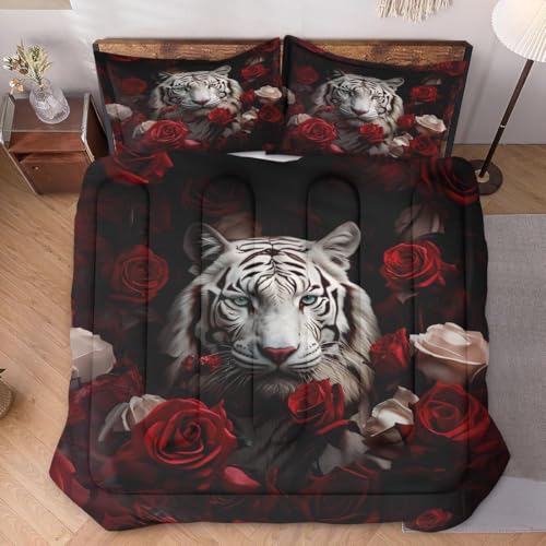 WeCozy Twin Comforter Set, 2 Pieces White Tiger Bedding, All Season | Wild Animal Beautiful Red Rose Flower Soft Comforter with 1 Pillowcase for Kids and Adults Room Bedroom Bed Decor - color: Multi 6, size: Twin
