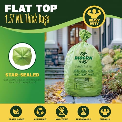 30-33 Gallon Compostable Trash Bags Flat-Top 30 Bags Heavy Duty1.57 Mil, 124.92 Liter Large Lawn and Yard Waste Bag green for Outdoor Garden ASTM D6400, US BPI and OK Compost Home Certified - color: 33 Gallon Flat Top, 30 Count