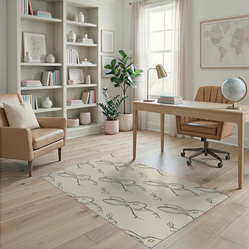 4'x6' Washable Minimalist Bunny Area Rug, Beige Flatwoven Floor Mat for Home Office, Gaming Room, Under Desk, Non-Slip Chair-Friendly Carpet | Ref:1969476 - color: Beige/Pattern 12, size: 4' x 6' (Rectangular)