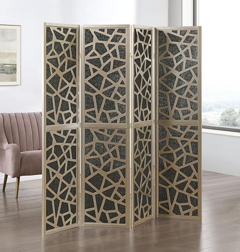 Roundhill Furniture Aurra 4-Panel Wood Room Divider, Folding Portable Partition Screen, Black Screen with Gold Frame - color: Black Screen/Gold Frame