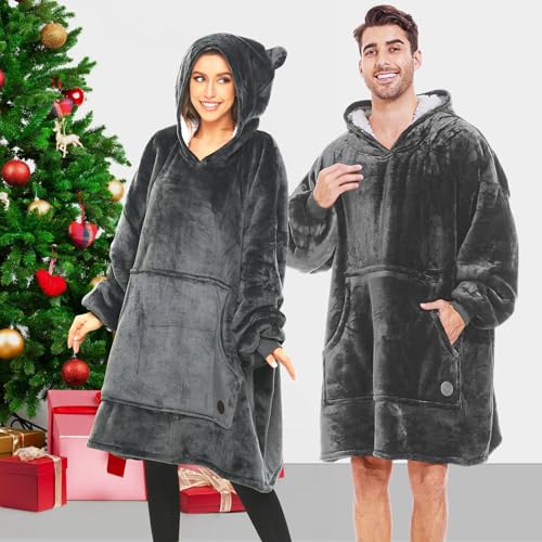 THREE POODLE Wearable Blanket Hoodie for Women, Oversized Sherpa Sweatshirt Blanket for Adults Men, Cozy Gray Hooded Blankets, Gifts for Teen Girls Women Mom Sister - color: Dark Gray, size: Adult