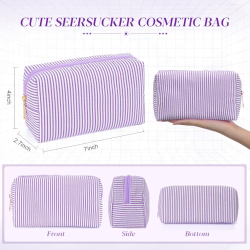 Sanwuta 20 Pcs Seersucker Cosmetic Bags Bulk, Striped Zippered,Purple | Makeup Bags Women Pouch, Large Preppy Storage Toiletry Travel Pouch for Wedding Bridesmaid Bride Favor Back to Teacher Gift - color: Purple