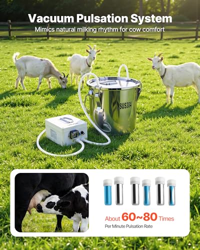 VEVOR Goat Milking Machine, 3.2 Gal / 12 L Food-Grade Stainless Steel Bucket, 4 Teat Cups for Cows and Goats, with 8000 mAh Rechargeable Battery, Electric Pulsation Milking Machine Portable Milker - size: 12L+Portable