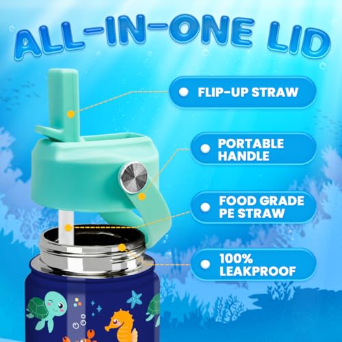 SANDJEST Kids Water Bottle with Straw Lid - 12 Oz Insulated Stainless Steel Ocean Water Bottles for Kid Boys Girls - Travel Cup for School Sports - color: Ocean Animal 2