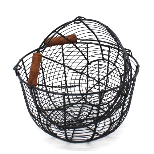 Metal Wire Egg Baskets Wire Fruit Baskets with Wooden Handle Country Vintage Style Storage Baskets. Matt Black, Set of 2. (Round)