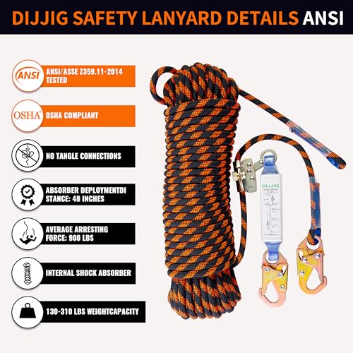DIJJIG Rope Harness Safety Lanyard 25ft Vertical Roofing Rope With Grab Snap Hooks Shock Absorber Fall Protection Tree Climbing Line Kit Heavy Duty Roof Safety Equipment ANSI CE | Shock Absorber Fall Protection Tree Climbing Line Kit Heavy Duty Roof Safet