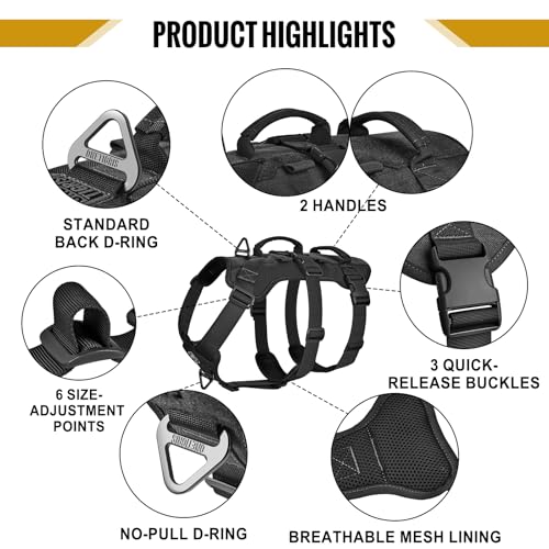 OneTigris Escape Proof Dog Harness, No Pull Dog Harness with Handles, Tactical Multi-Use Support Dogs Harnes for Large Dogs Everyday Wear Walking Hiking Training (Black, Large) - color: Black, size: Large