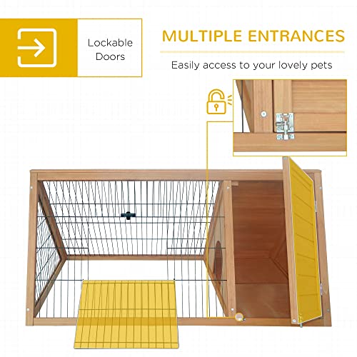 PawHut 46" x 24" Wooden A-Frame Outdoor Rabbit Hutch, Small Animal Cage, Bunny Hutch with Outside Run & Ventilating Wire, Yellow | Wooden Chicken Coop with Run for Rabbit, Small Duck Chicken, Garden Backyard Farms - color: Brown