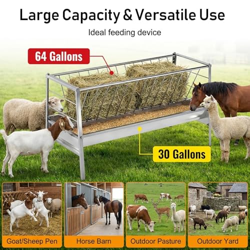 Stainless Steel Goat Sheep Feeder, 94-Gallon Grain|Water|Hay Feeder, 8.0'' Deeper|59" Long Feeding Pan, Livestock Hay Rack for Barn, Pasture, Cow Shed, Courtyard