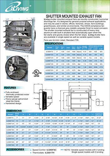 iLiving - 16" Wall Mounted Exhaust Fan - Automatic Shutter - Variable Speed - Vent Fan For Home Attic, Shed, or Garage Ventilation, 1200 CFM, 1800 SQF Coverage Area (Power Cord Not Included) - size: 16 Inches