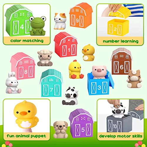 Farm Animal Toys for Toddler 1-3 Year Old, Montessori Toy Gift for Boy Girl | 10 Farm Animal Toys & 10 Barns, Counting, Matching & Sorting Educational Sensory Toys, Christmas Birthday Gift for Baby 1-3 - style: Farm
