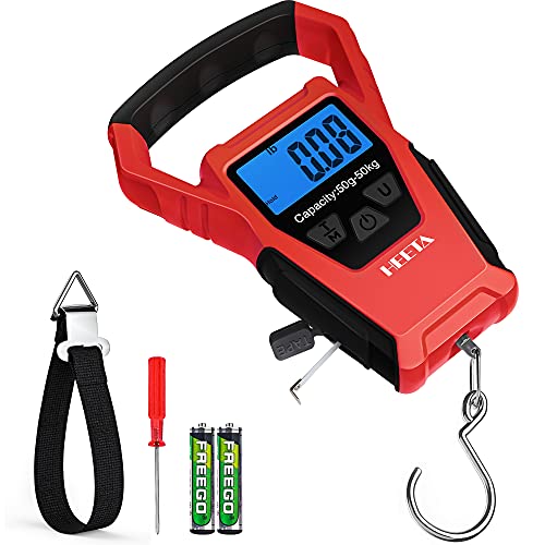 HEETA Waterproof Fish Scale Digital Hanging Fishing Luggage Weight Scale | Up 110lb/50kg Portable Scale with Backlit LCD Display, for Home & Outdoor, Measuring Tape and 2 AAA Batteries Included - color: Red