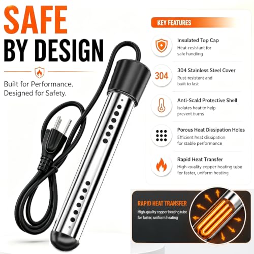 2000W Fast Heating Immersion Water Heater | Submersible Bucket Heater with 304 SS & Digital Thermometer, Safe & Compact Design for Tubs,Inflatable Pool & Farm