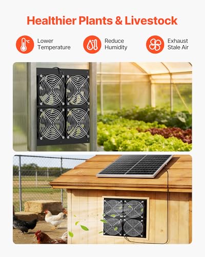 VEVOR Solar Powered Fan, 25W Solar Panel with 4 Fans, Adjustable Solar Panel Angle, 2668 RPM High-Speed, Flexible Installation, Fast Air Exchange for Greenhouse, Grow Tents, Chicken Coops, Shelters - size: 4.7" Fan×4 -25W