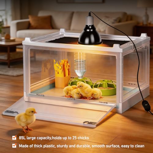 Chick Brooder Box with Adjustable Heat Lamp, Waterer & Feeder | Foldable Plastic Brooder Box for Chicken Chicks Ducks Quail Baby Birds, Transparent Visible, Easy to Clean, Waterproof