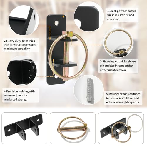 Heavy Duty Bucket Hooks, 5 Gallon Horse Feed Bucket Holder | 4 PCS wall-mounted water bucket brackets for stalls, 5/32 inch thick seamless welded hardware for livestock & pet safety
