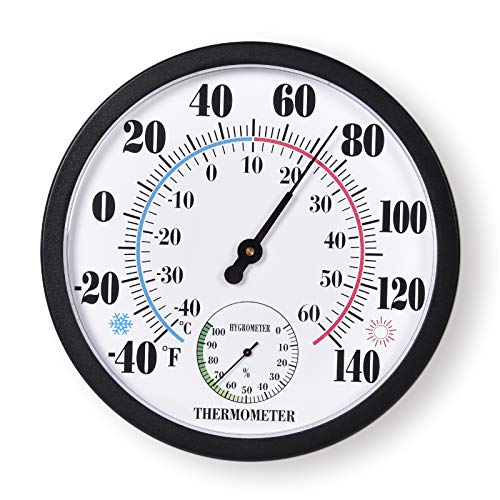 Indoor Outdoor Thermometer Large Numbers Wall Thermometer Hygrometer Waterproof Does not Require Battery 10 inch Wireless Hanging Hygrometer Garden Decoration (Black) - color: Black 10", size: 10 Inch