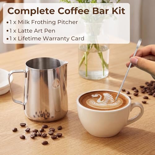 32oz Milk Frothing Pitcher, 304 Stainless Steel | 12oz/20oz/32oz Milk Frother Cup with Measuring Scale & Latte Art Pen for Espresso, Coffee, Cappuccino - size: 32 Ounces