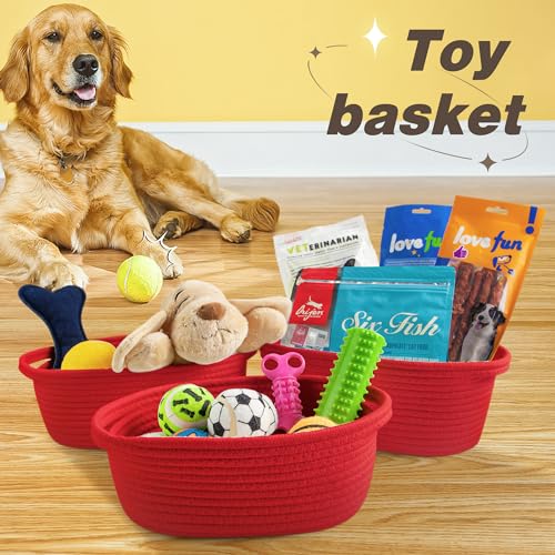 Pro Goleem Small Woven Basket with Gift Bags and Ribbons Durable Baskets for Gifts Empty Small Rope Basket for Storage 12"X 8" X 5" Baby Toy Basket with Handles, Red - color: red