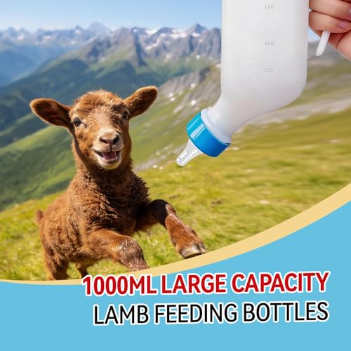 2pcs 1000ml Lamb Feeding Bottle Thickened Goat Milk Feeders with Hanging Handle and Silicone Pacifier Hang Upside Down Livestock Milk Bottles for Goat Lamb Fawns Nigerian Kitten Puppy