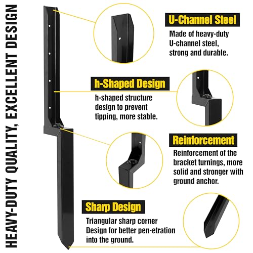 LADECH Heavy Duty Steel Fence Post Repair Stakes with Ground Anchor Screw in, Fix Anchors Ground Spike for Fence Posts, Repair Tilted/Broken Wood Posts (Black - 4 Pcs)