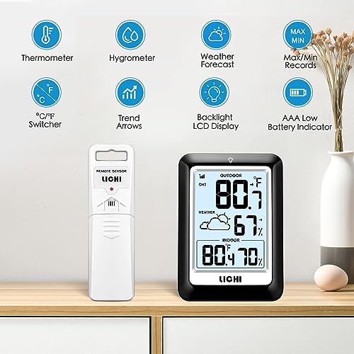 Indoor Outdoor Thermometer Wireless Weather Station, Internal External Thermometer Hygrometer, Home Batteryoperated Temperature Humiditymonitors330 Feet (About 100 Meters) Backlight Display (Black) - color: Black